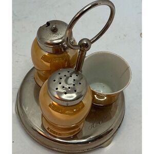 Holland Vintage Condiment Set Orange Lusterware Salt Shaker Mustard Pot Caddy
